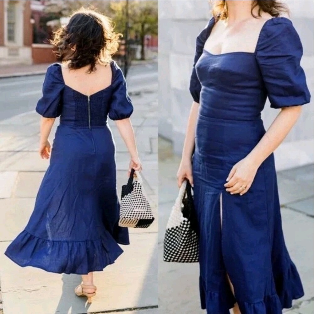 REFORMATION Belgium Linen Midi Dress Navy Blue Side Slit Puff Sleeve Sz 12 - Picture 4 of 16